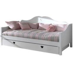 Lit Banquette Gigogne 90x200 Cm Avec Sommier Bois Laqué Blanc Cœur