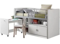 Lit Combiné 90x200 Cm Avec Sommier 1 Bureau 2 Portes Bois Blanc Bonny