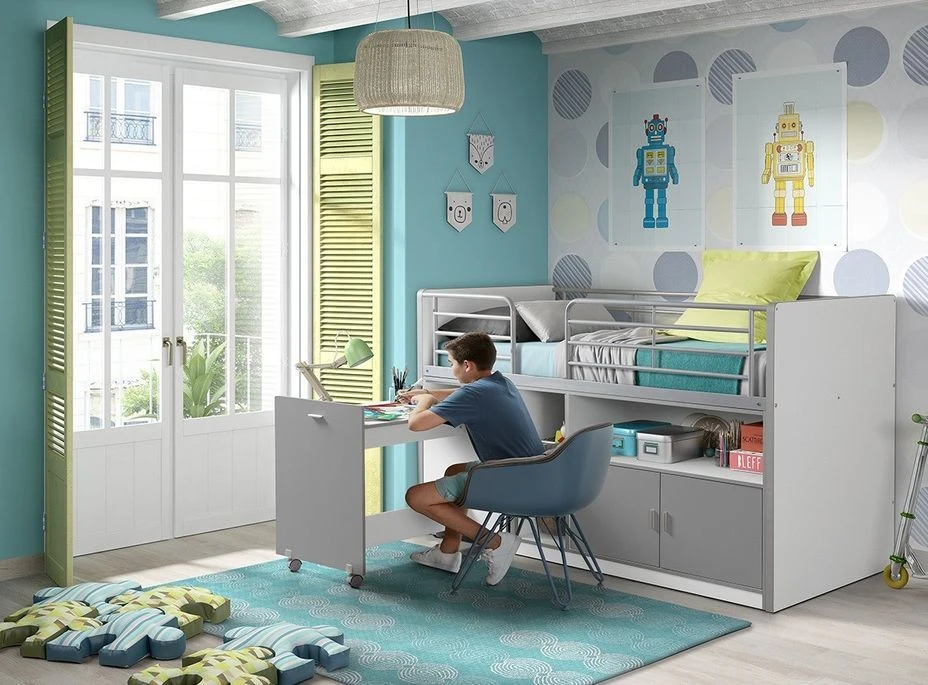 Lit CombinĂ© 90x200 Cm Avec Sommier 1 Bureau 2 Portes Bois Blanc Et Gris Bonny â Image 3