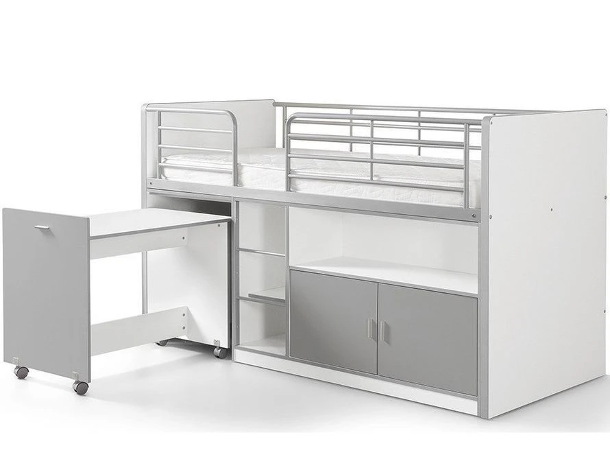 Lit Combiné 90x200 Cm Avec Sommier 1 Bureau 2 Portes Bois Blanc Et Gris Bonny