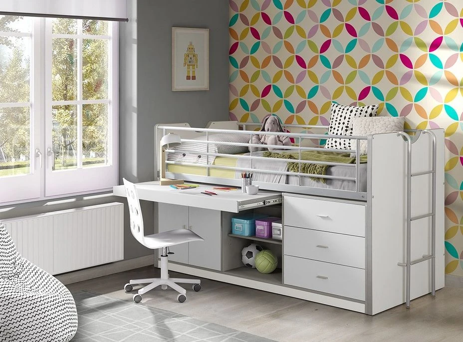 Lit Combiné 90x200 Cm Avec Sommier 1 Bureau 3 Tiroirs Bois Blanc Bonny – Image 2