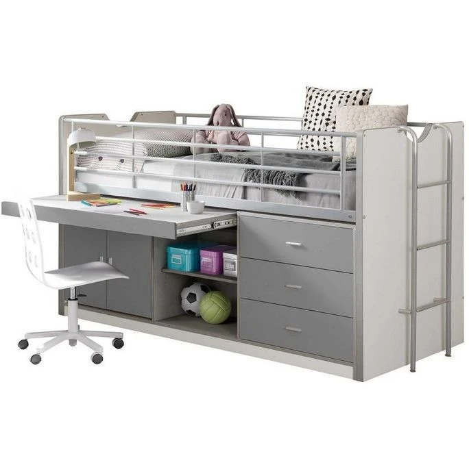 Lit Combiné 90x200 Cm Avec Sommier 1 Bureau 3 Tiroirs Bois Blanc Et Gris Bonny – Image 2