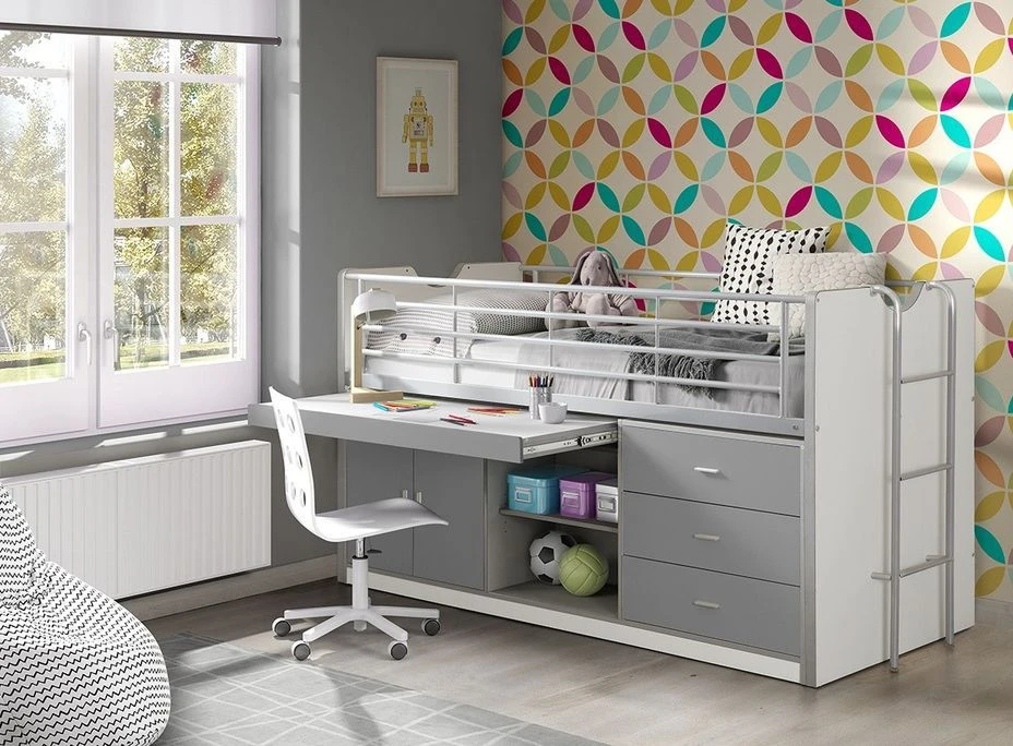 Lit Combiné 90x200 Cm Avec Sommier 1 Bureau 3 Tiroirs Bois Blanc Et Gris Bonny – Image 3