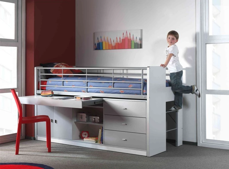 Lit Combiné 90x200 Cm Avec Sommier 1 Bureau 3 Tiroirs Bois Blanc Et Gris Bonny – Image 4