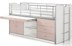 Lit Combiné 90x200 Cm Avec Sommier 1 Bureau 3 Tiroirs Bois Blanc Et Rose Bonny