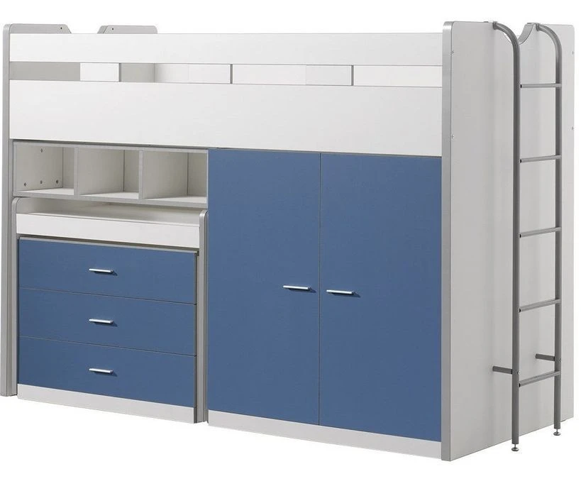 Lit Combiné 90x200 Cm Avec Sommier 3 Tiroirs 2 Portes Bois Blanc Et Bleu Bonny