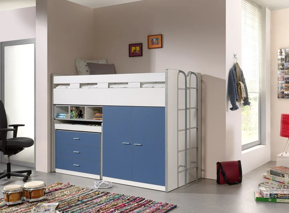 Lit CombinĂ© 90x200 Cm Avec Sommier 3 Tiroirs 2 Portes Bois Blanc Et Bleu Bonny â Image 2