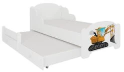 Lit Enfant Bois Blanc Impression Pelleteuse 2 Couchages 70x140 Ou 80x160 Cm - Sommier Et Matelas Inclus - Madale