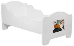 Lit Enfant Bois Blanc Impression Pelleteuse 70x140 Ou 80x160 Cm - Sommier Et Matelas Inclus - Madale