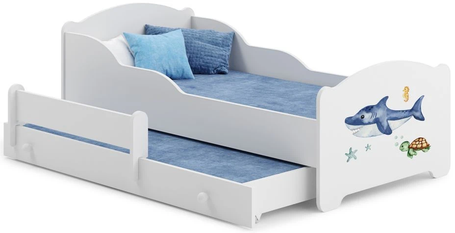 Lit Enfant Bois Blanc Impression Petit Requin 2 Couchages 70x140 Ou 80x160 Cm - Sommier Et Matelas Inclus - Madale