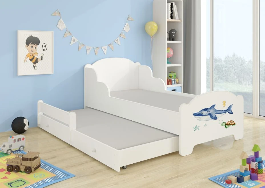 Lit Enfant Bois Blanc Impression Petit Requin 2 Couchages 70x140 Ou 80x160 Cm - Sommier Et Matelas Inclus - Madale – Image 2