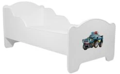Lit Enfant Bois Blanc Impression Voiture De Police 70x140 Ou 80x160 Cm - Sommier Et Matelas Inclus - Madale