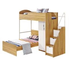 Lit Combiné Enfant Avec Sommier Contemporain Coloris Naturel Et Blanc + Armoire - L 90 X L 190 Cm