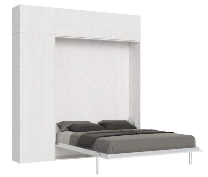 Lit Escamotable 120x190 Cm Avec 1 Colonne De Rangement 2 Meubles Hauts Bois Blanc Kanto