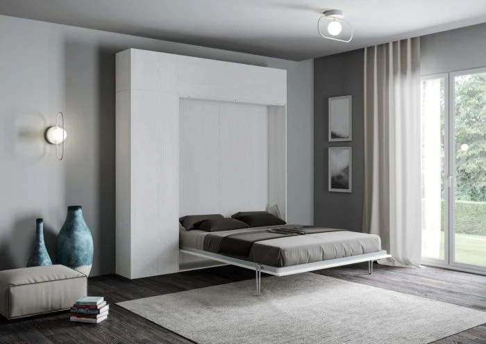 Lit Escamotable 120x190 Cm Avec 1 Colonne De Rangement 2 Meubles Hauts Bois Blanc Kanto – Image 2