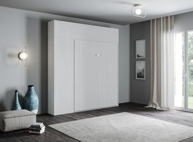 Lit Escamotable 120x190 Cm Avec 1 Colonne De Rangement 2 Meubles Hauts Bois Blanc Kanto – Image 3