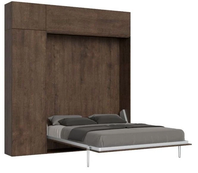 Lit Escamotable 120x190 Cm Avec 1 Colonne De Rangement 2 Meubles Hauts Bois Noyer Kanto