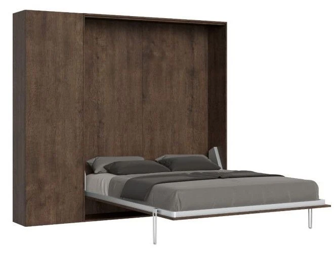Lit Escamotable 140x190 Cm Avec 1 Colonne De Rangement 2 Meubles Hauts Bois Noyer Kanto – Image 12