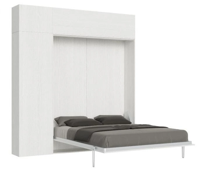Lit Escamotable 160x190 Cm Avec 1 Colonne De Rangement 2 Meubles Hauts Bois Blanc Kanto