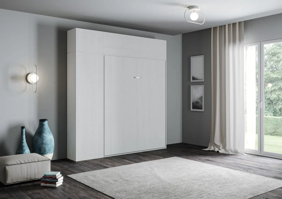 Lit Escamotable 160x190 Cm Avec 1 Colonne De Rangement 2 Meubles Hauts Bois Blanc Kanto – Image 3