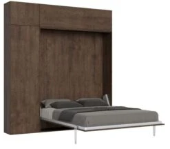 Lit Escamotable 160x190 Cm Avec 1 Colonne De Rangement 2 Meubles Hauts Bois Noyer Kanto