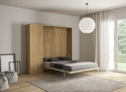 Lit Escamotable 160x190 Cm Avec 1 Colonne De Rangement Bois Clair Kanto