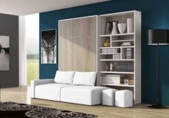 Lit Escamotable 80x180 Cm Avec Canapé Coffre Tissu Et Bibliothèque Moba