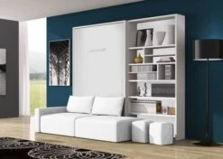 Lit Escamotable 90x190 Cm Avec Canapé Coffre Tissu Et Bibliothèque Moba