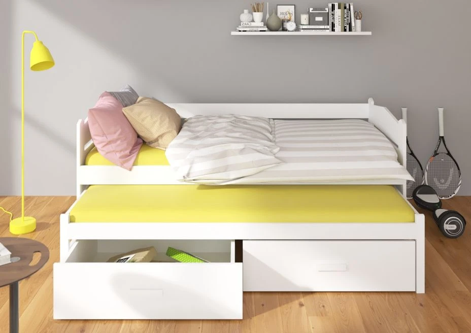 Lit Gigogne Blanc Et Bois Artisan 2 Couchages 90x200 Cm Avec 2 Coffres De Rangement Kuska â Image 3