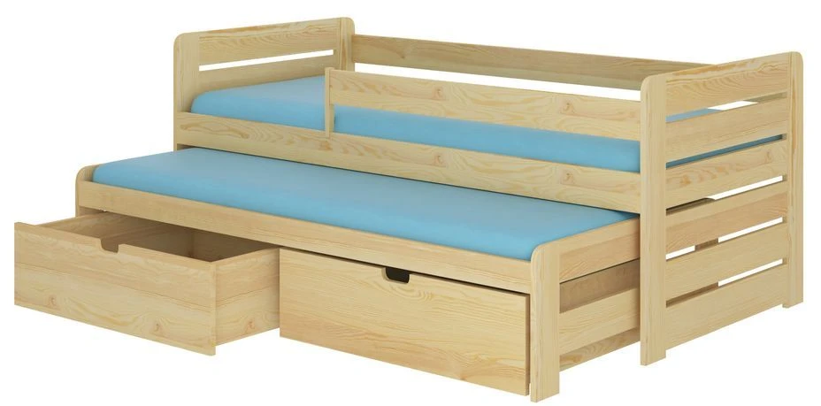 Lit Gigogne Bois Pin Naturel 2 Couchages 90x200 Cm Avec 2 Coffres De Rangement Solale