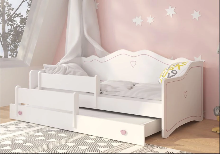 Lit Gigogne Enfant Bois Blanc 80x160 Cm Petit Coeur Rose Baky â Image 2