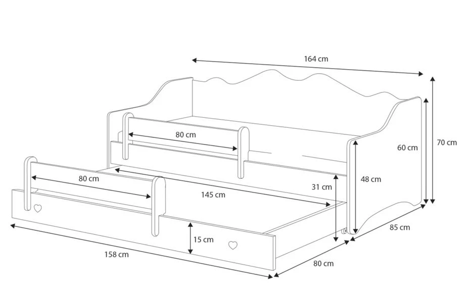 Lit Gigogne Enfant Bois Blanc 80x160 Cm Petit Coeur Rose Baky â Image 4
