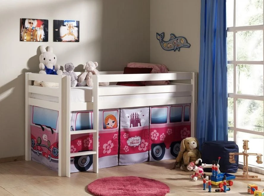 Lit Mezzanine 90x200 Cm Avec Tente Bus Princesse Pin Massif Blanc Pino – Image 3