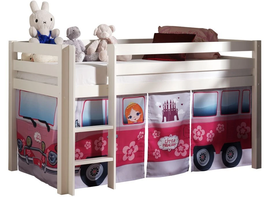 Lit Mezzanine 90x200 Cm Avec Tente Bus Princesse Pin Massif Blanc Pino