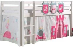 Lit Mezzanine 90x200 Cm Avec Tente Et 3 Pochettes Princesse Pin Massif Blanc Pino