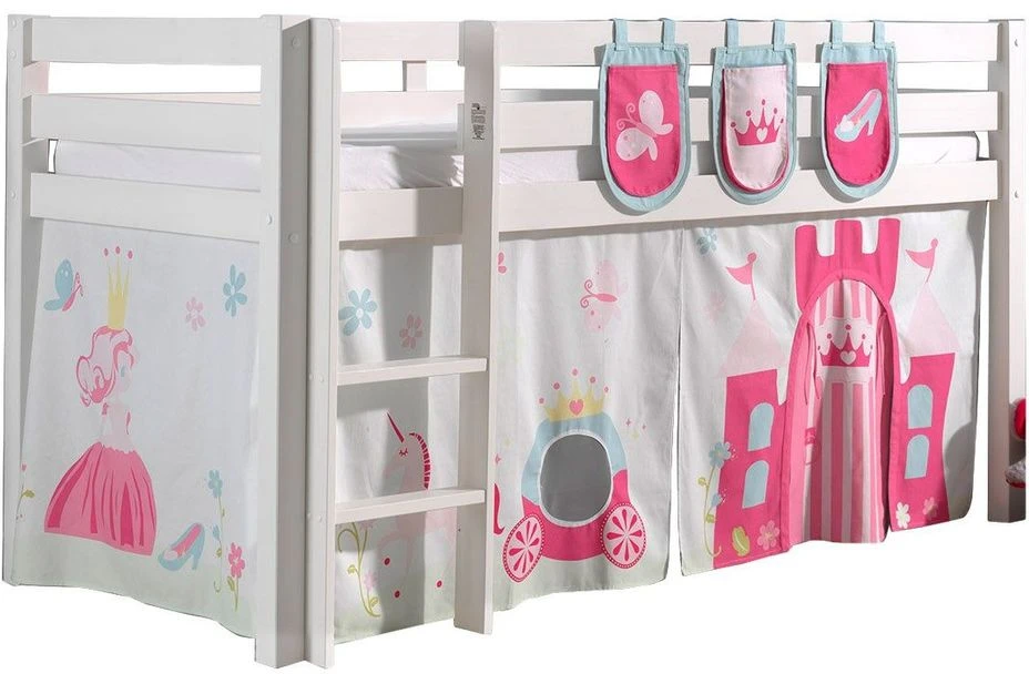 Lit Mezzanine 90x200 Cm Avec Tente Et 3 Pochettes Princesse Pin Massif Blanc Pino