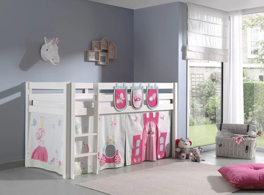 Lit Mezzanine 90x200 Cm Avec Tente Et 3 Pochettes Princesse Pin Massif Blanc Pino – Image 3