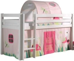 Lit Mezzanine 90x200 Cm Avec Tente Et Tunnel Printemps Pin Massif Blanc Pino