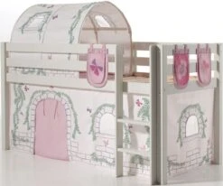 Lit Mezzanine 90x200 Cm Avec Tente Tunnel Et 3 Pochettes Contra Pin Massif Blanc Pino