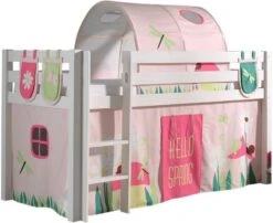 Lit Mezzanine 90x200 Cm Avec Tente Tunnel Et 3 Pochettes Printemps Pin Massif Blanc Pino