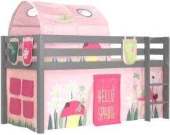 Lit Mezzanine 90x200 Cm Avec Tente Tunnel Et 3 Pochettes Printemps Pin Massif Gris Pino