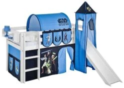 Lit Surélevé Blanc Avec Toboggan, Tour Et Rideau Star Wars 90x190 Cm