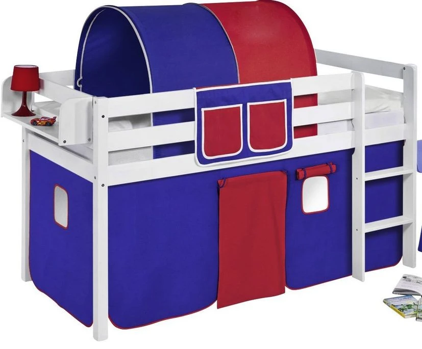 Lit Surélevé Blanc Laqué Rideau Bleu Et Rouge 90x190cm