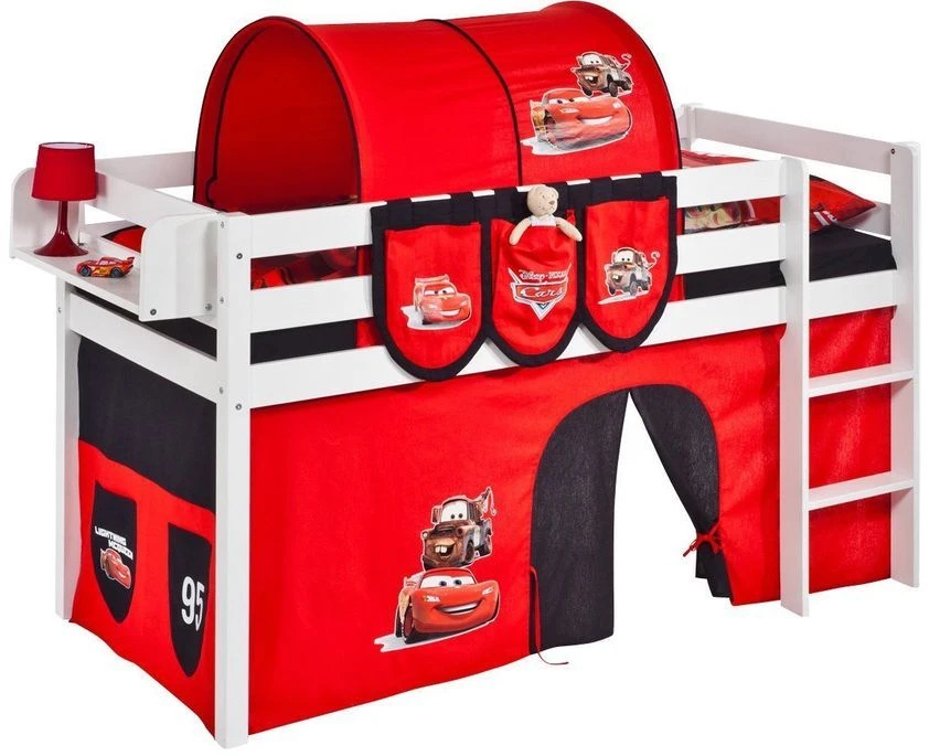 Lit Surélevé Blanc Laqué Rideau Cars 90x190cm
