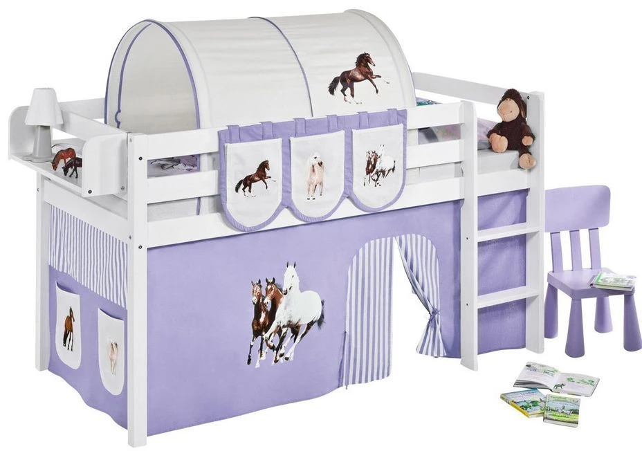 Lit Surélevé Blanc Laqué Rideau Chevaux Lilas