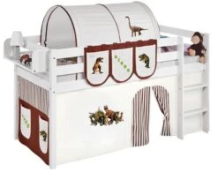 Lit Surélevé Blanc Laqué Rideau Dinosaures 90x190cm