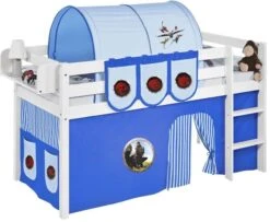 Lit Surélevé Blanc Laqué Rideau Dragon Bleu