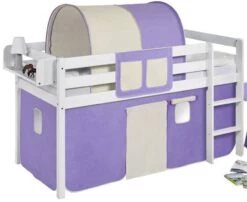 Lit Surélevé Blanc Laqué Rideau Lilas Et Beige 90x190cm