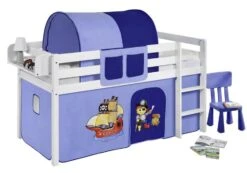 Lit Surélevé Blanc Laqué Rideau Pirate Bleu Foncé 90x190cm