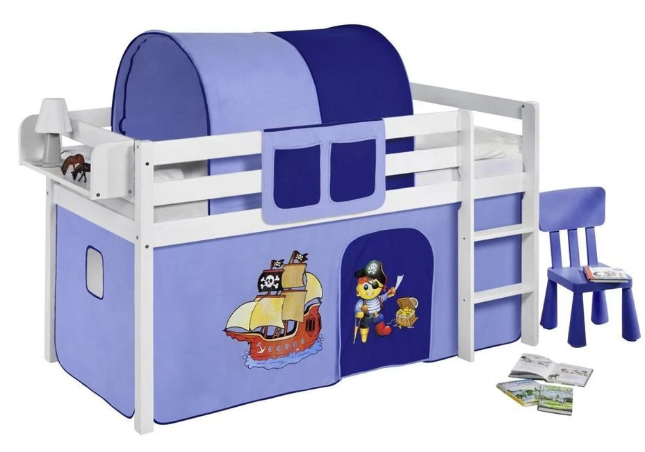 Lit Surélevé Blanc Laqué Rideau Pirate Bleu Foncé 90x190cm